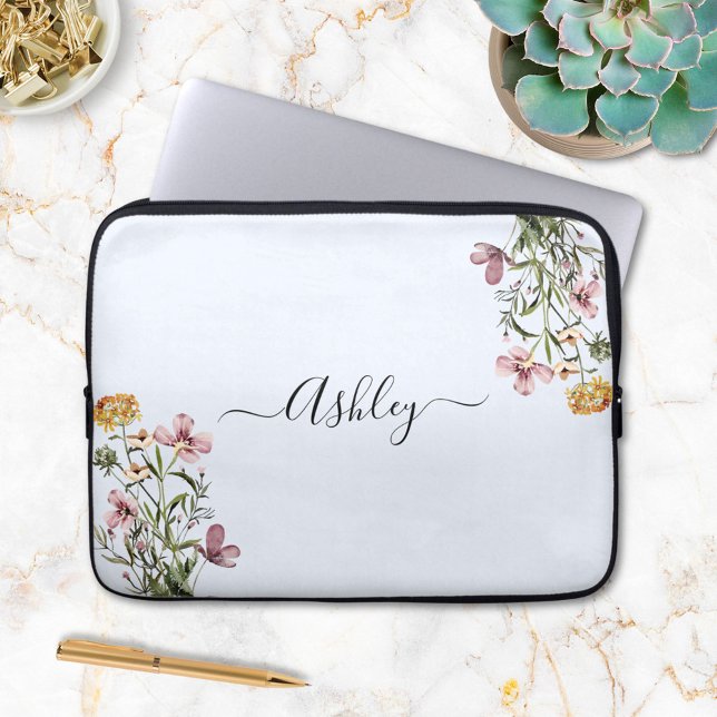 Monogram Watercolor Wildflower Bouquet #1  Laptop Sleeve (In situ)