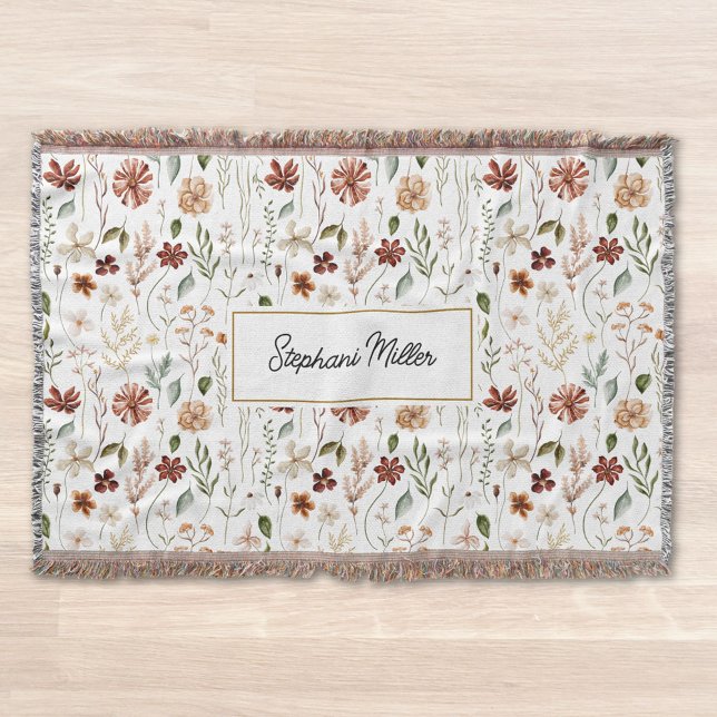 Monogram Watercolor Wildflower Floral Botanical Throw Blanket (Close up)