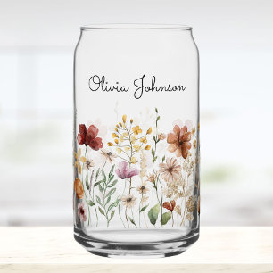 Monogram Watercolor Wildflower Pretty Floral  Can Glass