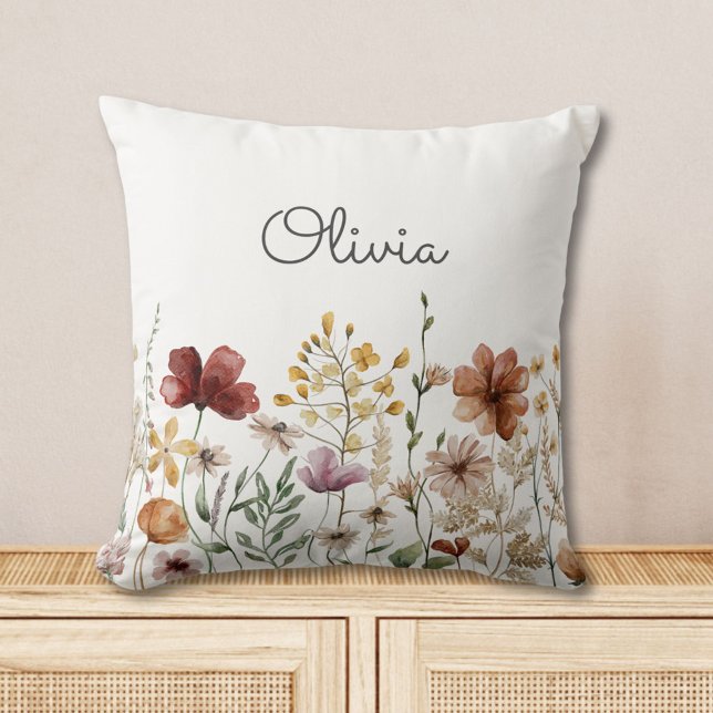 Monogram Watercolor Wildflower Pretty Floral  Cushion (In situ)