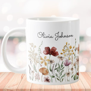 Monogram Watercolor Wildflower Pretty Floral Large Coffee Mug