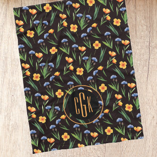 Monogram Watercolor Wildflowers Buttercup Pattern Fleece Blanket