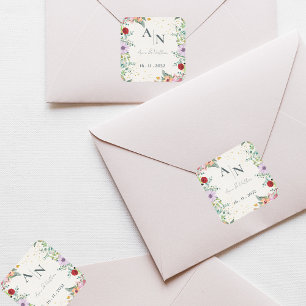 Monogram Watercolor Wildflowers Floral Wedding Square Sticker