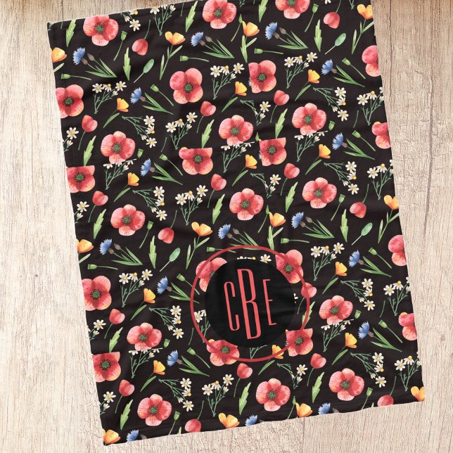 Monogram Watercolor Wildflowers Poppies Pattern Fleece Blanket (Creator Uploaded)