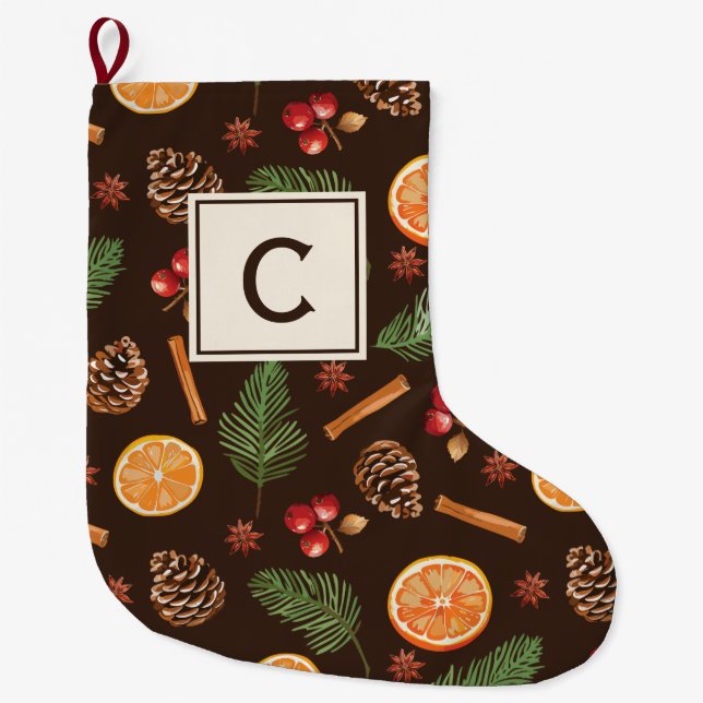 Monogram Watercolor Winter Botanical  Large Christmas Stocking (Front)