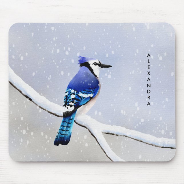 Monogram Watercolor Winter Snow Bird Blue Jay Mouse Pad (Front)