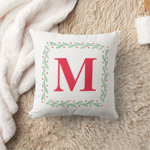 Monogram Watercolor Wreath Christmas Pillow