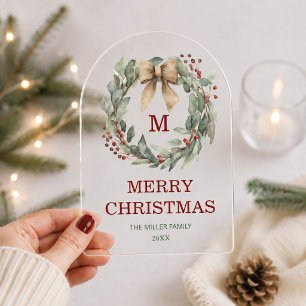 Monogram Watercolor Wreath Merry Christmas Card Acrylic Invitations
