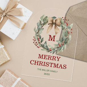 Monogram Watercolor Wreath Merry Christmas Card Acrylic Invitations