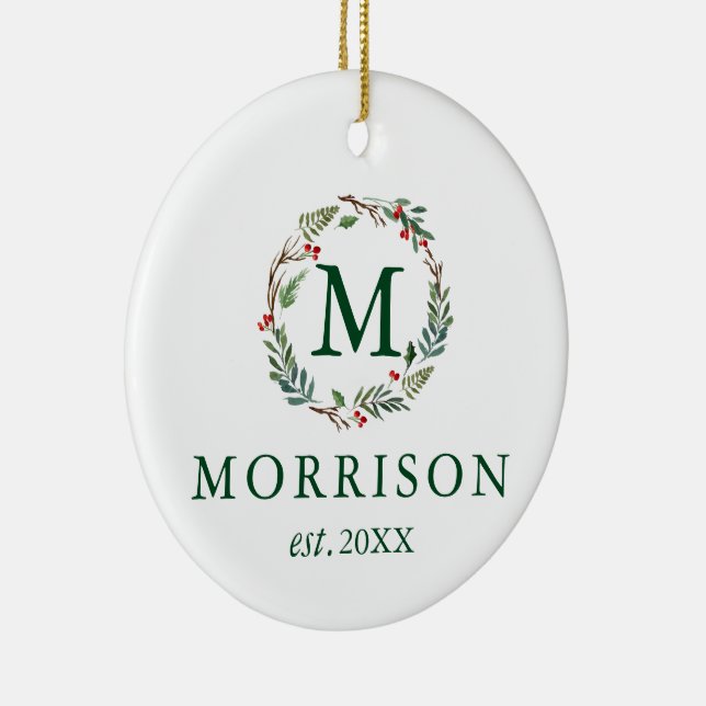 Monogram Watercolor Wreath Newlywed PHOTO BACK Ceramic Ornament (Right)