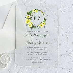 Monogram Watercolor Yellow Floral Wreath Wedding Acrylic Invitations