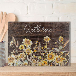 Monogram Watercolor Yellow Sunflower Field Wood Cutting Board