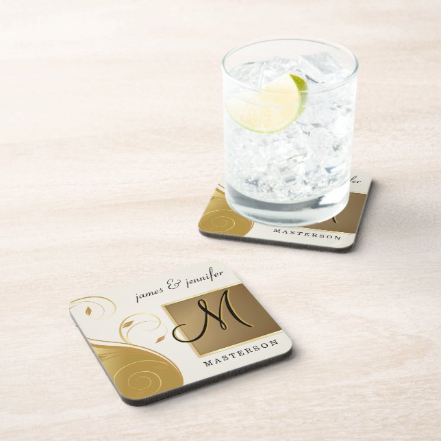 Monogram Wedding Anniversary Gift Cork Coaster Set (Right Side)