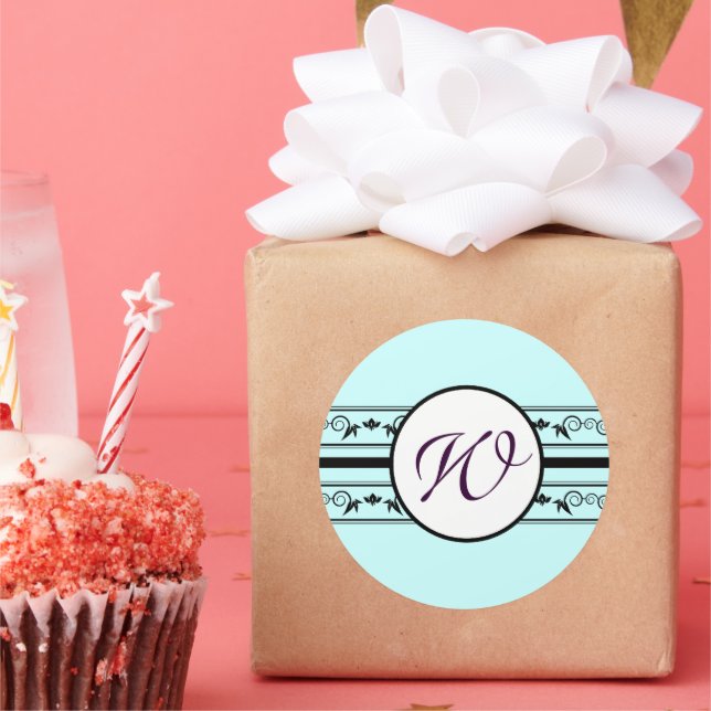 Monogram Wedding Aqua Blue Borders Classic Round Sticker (Party)