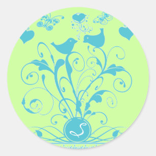 Monogram Wedding Birds Hearts Swirls Aqua Blue Classic Round Sticker