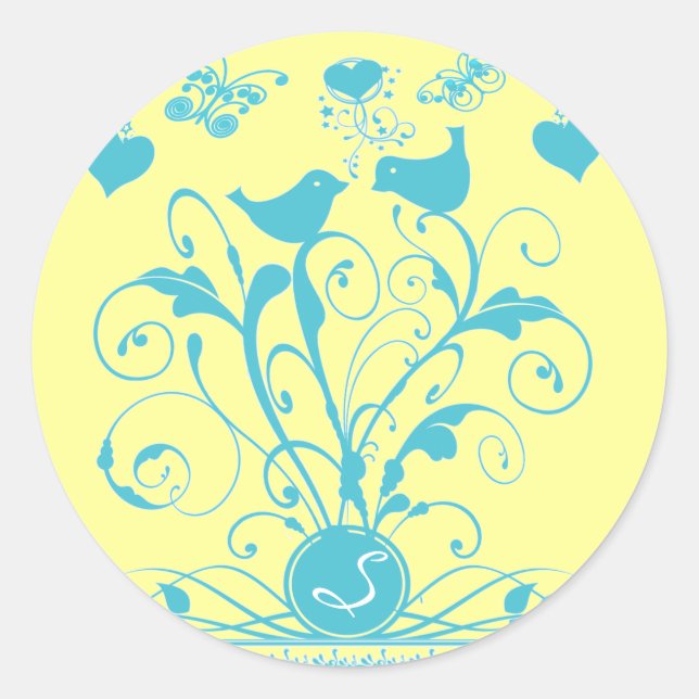 Monogram Wedding Birds Hearts Swirls Aqua Blue Classic Round Sticker (Front)