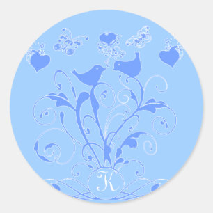 Monogram Wedding Birds Hearts Swirls Blue Classic Round Sticker