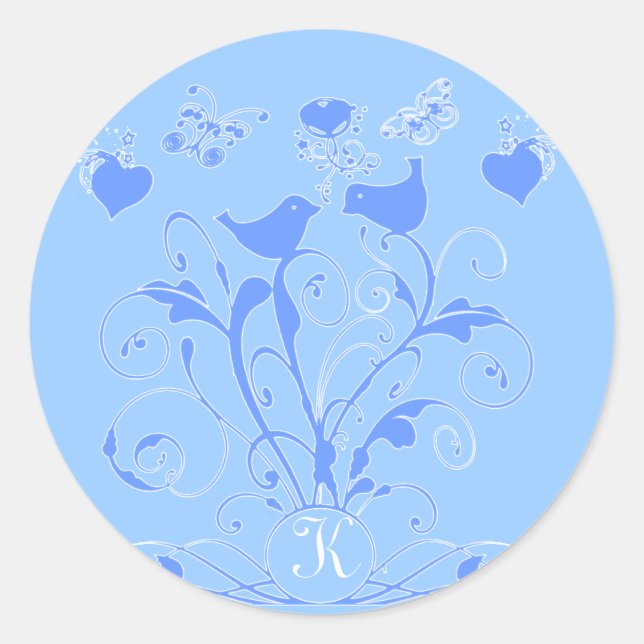 Monogram Wedding Birds Hearts Swirls  Blue Classic Round Sticker (Front)