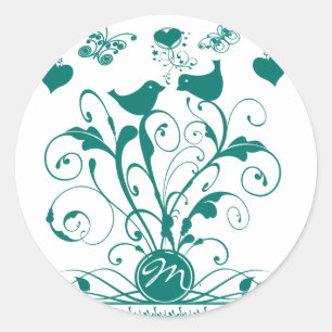 Monogram Wedding Birds Hearts Swirls Deep Aqua Classic Round Sticker