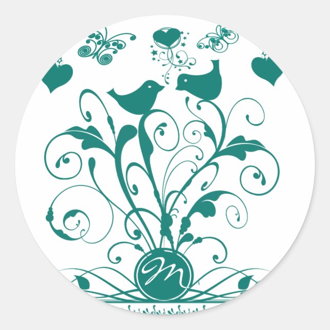 Monogram Wedding Birds Hearts Swirls Deep Aqua Classic Round Sticker (Front)