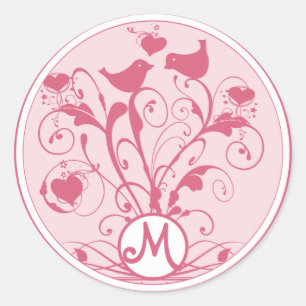 Monogram Wedding Birds Hearts Swirls Honeysuckle Classic Round Sticker