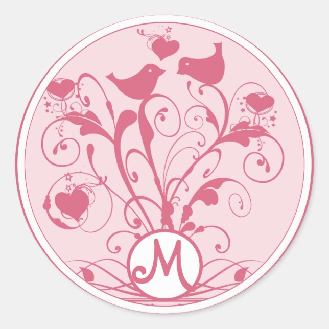 Monogram Wedding Birds Hearts Swirls Honeysuckle Classic Round Sticker (Front)
