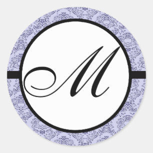 Monogram Wedding Blue Damask Classic Round Sticker