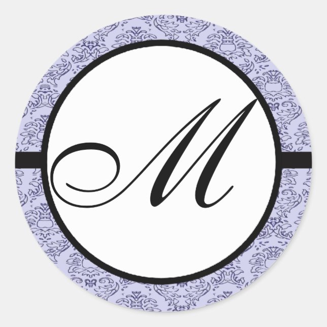 Monogram Wedding Blue Damask Classic Round Sticker (Front)