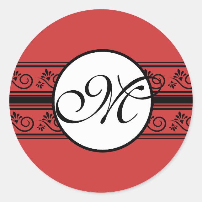 Monogram Wedding Borders Deep Red Classic Round Sticker (Front)