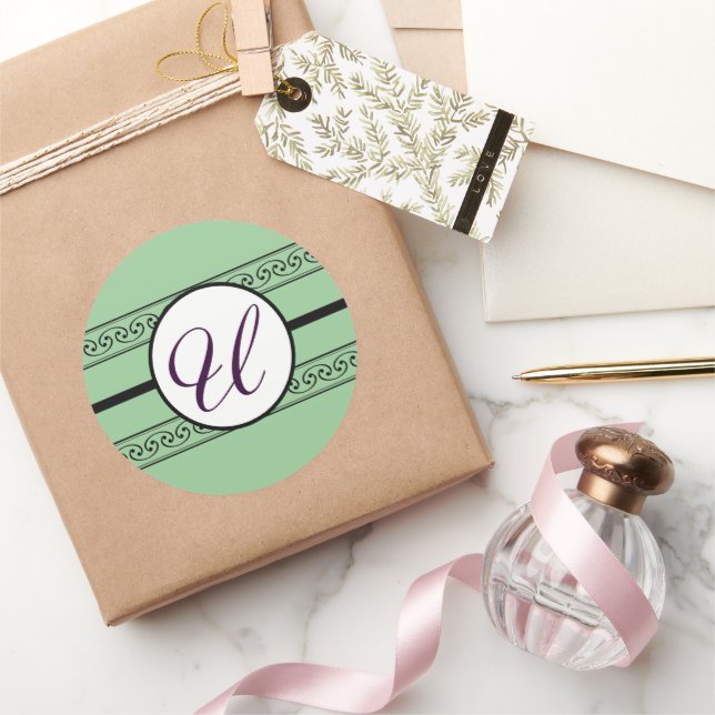 Monogram Wedding Borders Mint Classic Round Sticker (Gifting)