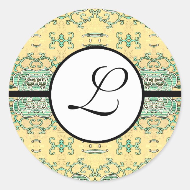 Monogram Wedding Brite Aqua Blue Borders Classic Round Sticker (Front)