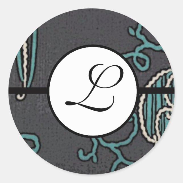 Monogram Wedding Brite Aqua Blue Borders Classic Round Sticker (Front)