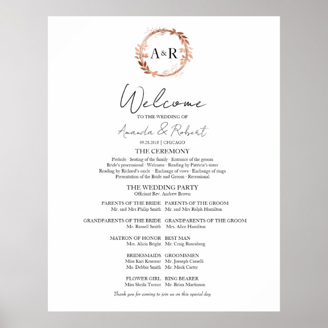 Monogram Wedding Ceremony Program Sign Foam Board (Front)