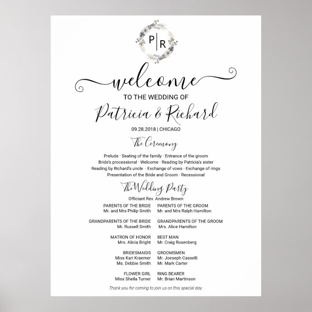 Monogram Wedding Ceremony Program Sign Foam Board (Front)