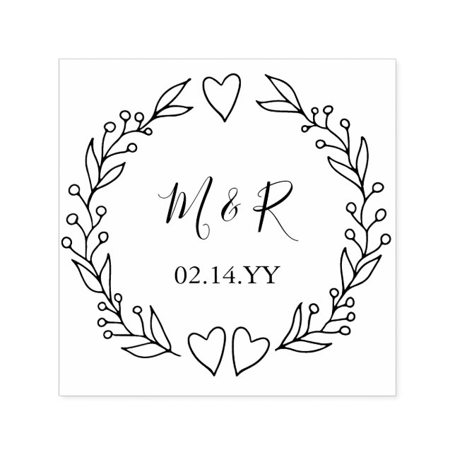 Monogram Wedding Date Doodle Botanical Wreath  Self-inking Stamp (Design)