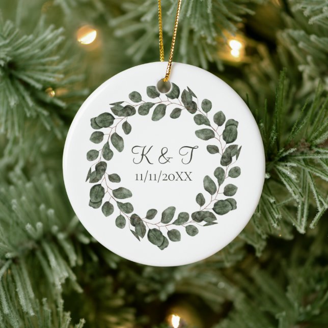 Monogram Wedding Date Eucalyptus Leaves Elegant Ceramic Ornament (Tree)