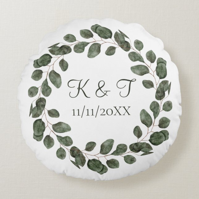 Monogram Wedding Date Eucalyptus Leaves Elegant Round Cushion (Front)