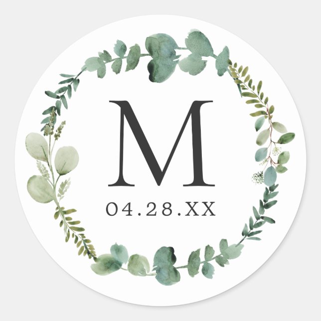 Monogram Wedding Date Eucalyptus Leaves Wreath Classic Round Sticker (Front)