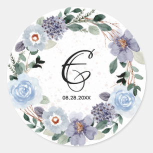 Monogram Wedding Date Purple Floral Wreath Classic Round Sticker