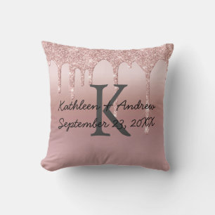 Monogram Wedding Date Rose Gold Drip Glitter Trend Cushion