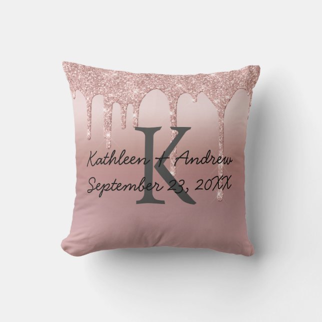 Monogram Wedding Date Rose Gold Drip Glitter Trend Cushion (Front)