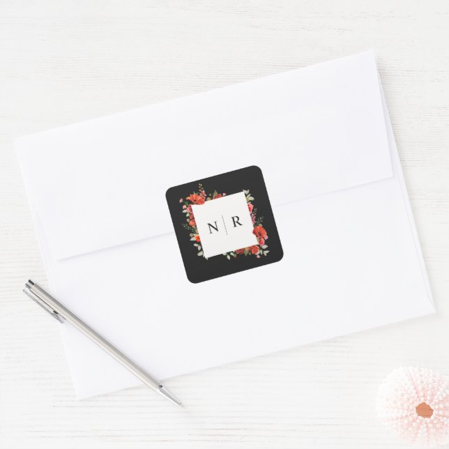 Monogram Wedding Delicate Poppy Dark Wedding Square Sticker (Envelope)
