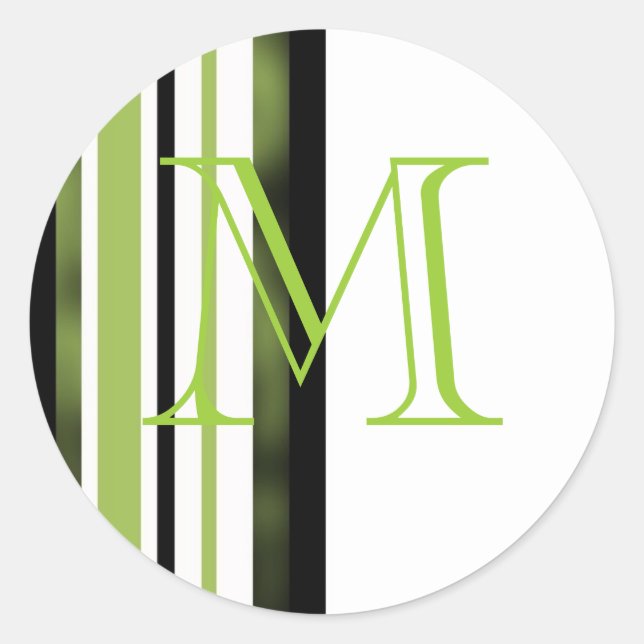 Monogram Wedding Designer Green White Stripes Classic Round Sticker (Front)