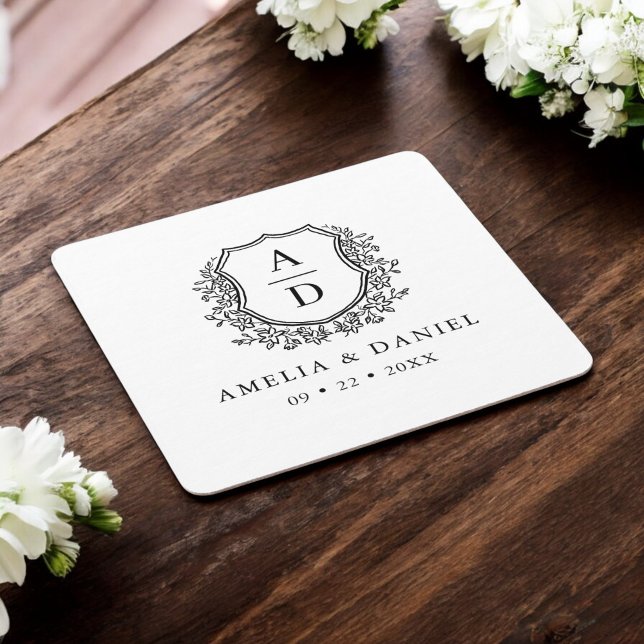 Monogram Wedding Floral Crest Elegant Square Paper Coaster (Creator Uploaded)
