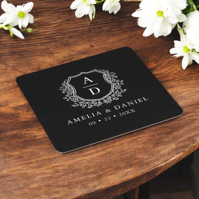 Monogram Wedding Floral Crest Elegant Square Paper Coaster (Creator Uploaded)
