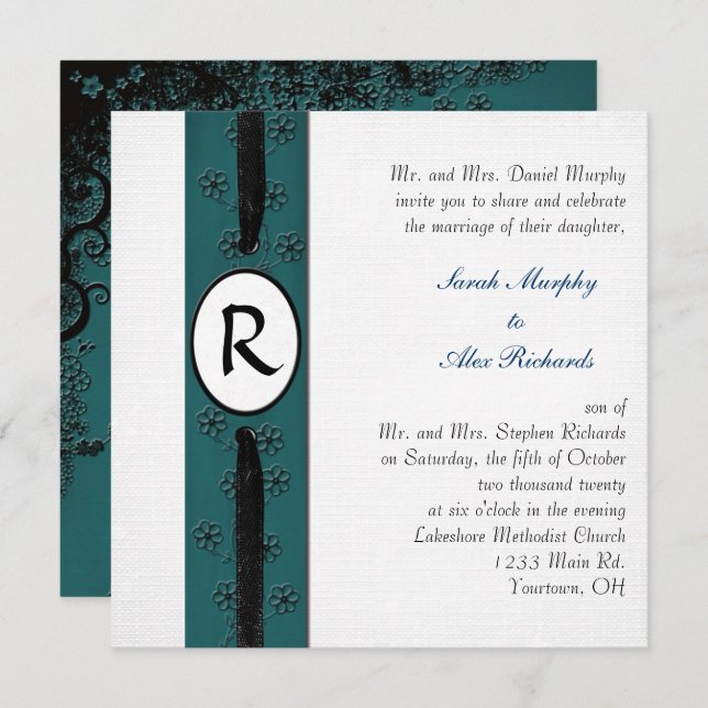 Monogram Wedding Floral Ribbon Invitation (Front/Back)