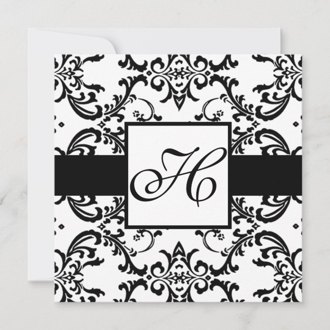 Monogram Wedding Invitation Black Swirl Damask (Front)