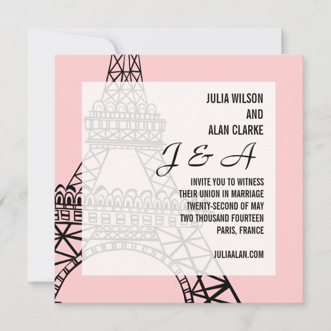 Monogram Wedding Invitation Paris Pink (Front)