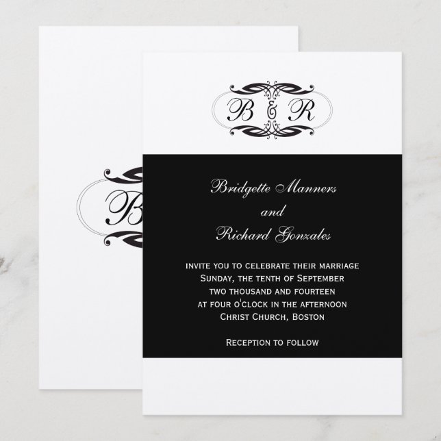 Monogram Wedding Invitations Art Deco Silver (Front/Back)