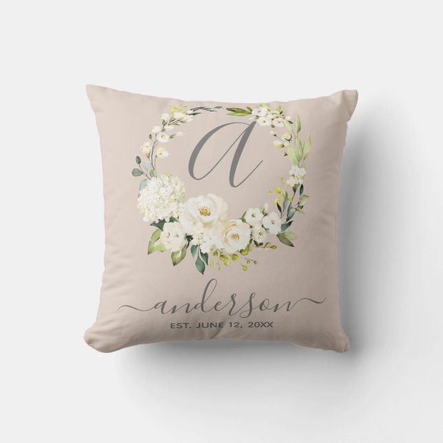 Monogram Wedding Keepsake White Floral Wreath Cushion (Front)